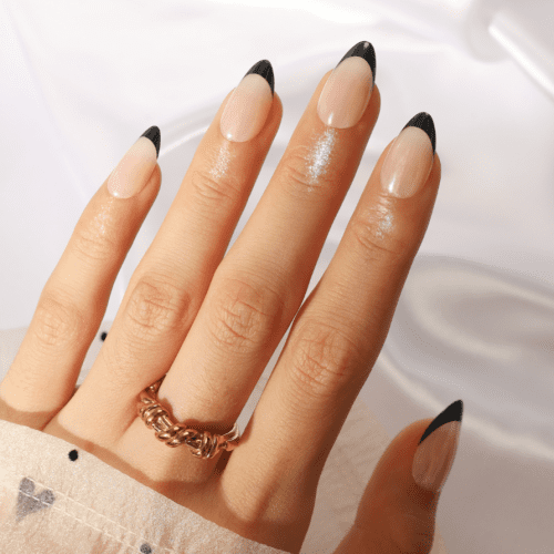 french tip, black french nails, black nude nails, french tip glazed, french tip chrome, chrome nails, press on nails, glued on nails, 