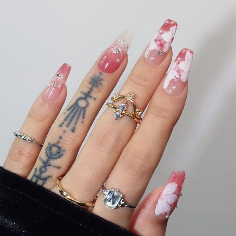 Blossom Sakura Long Coffin Pink Press-on Nails | Handmade Nails