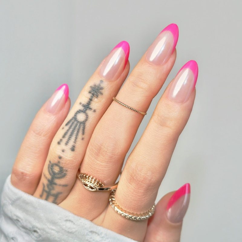 pink nails, nude pink nails, hot pink nails, short pink nails, pink almond nails, Press On Nails, Fake Nails, Stick-On Nails, Glue-On Nails, pink french nails, pink almond french tips, french tip, pink chrome nails, french chrome nails,